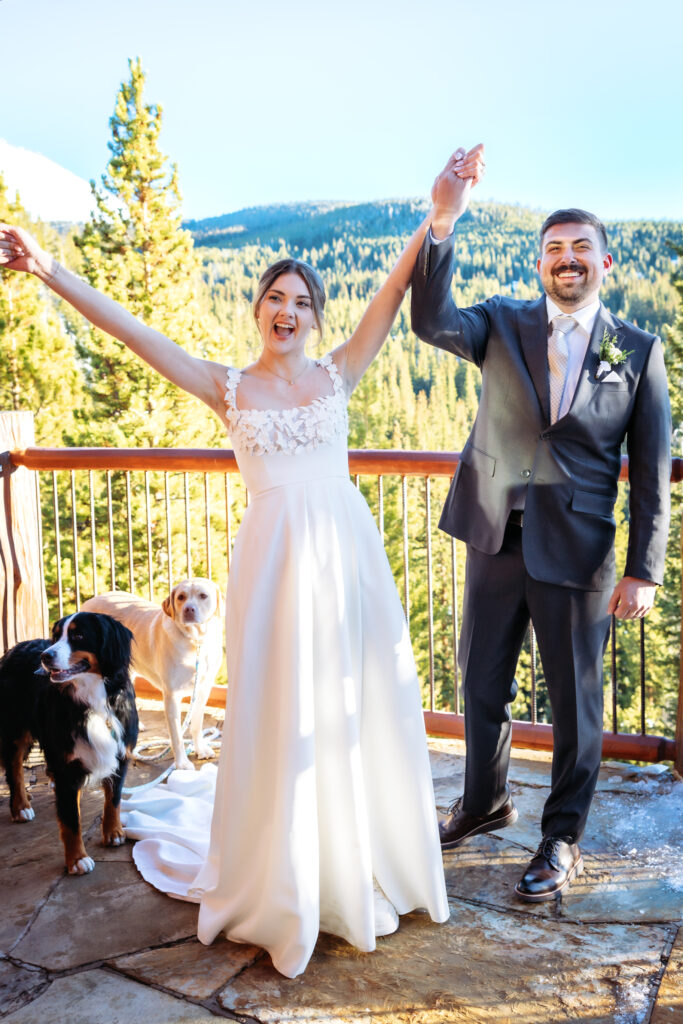 Couple celebrates their vows atop mountain house patio.