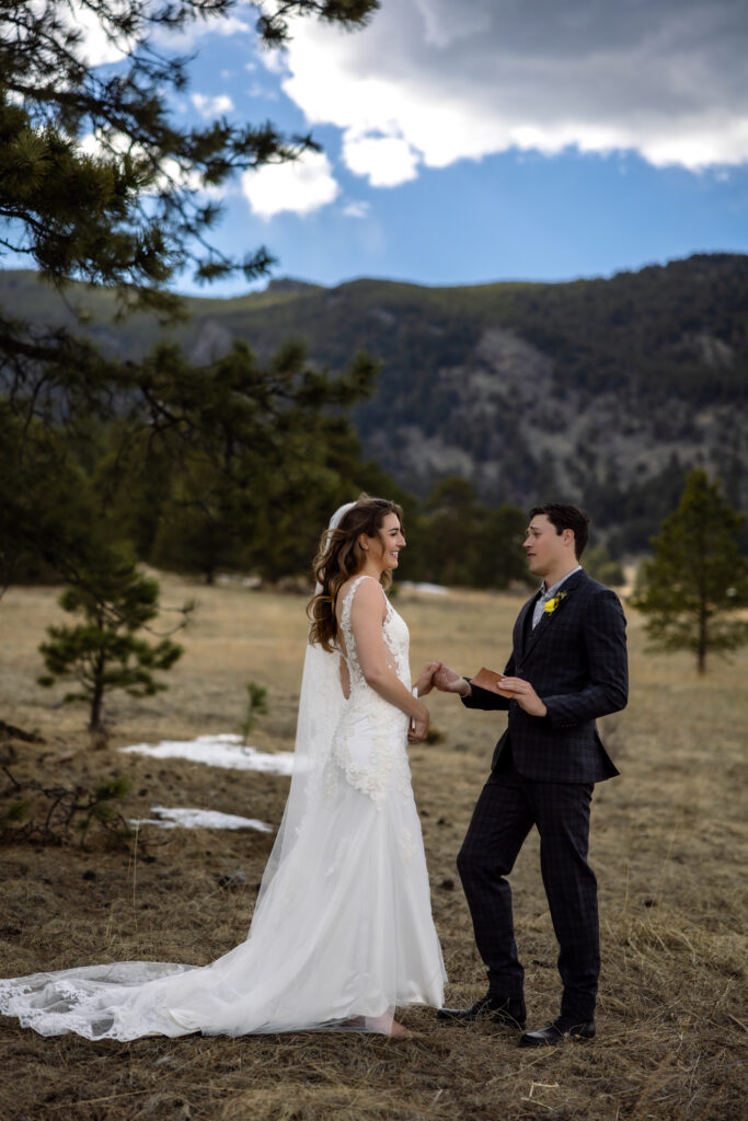 Spring elopement in Colorado with patches of snow and crisp weather.