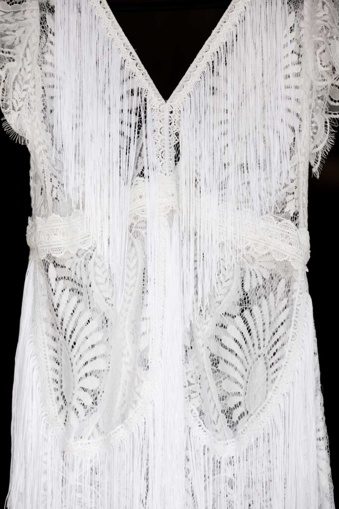 Detail photograph of the bride's wedding dress.