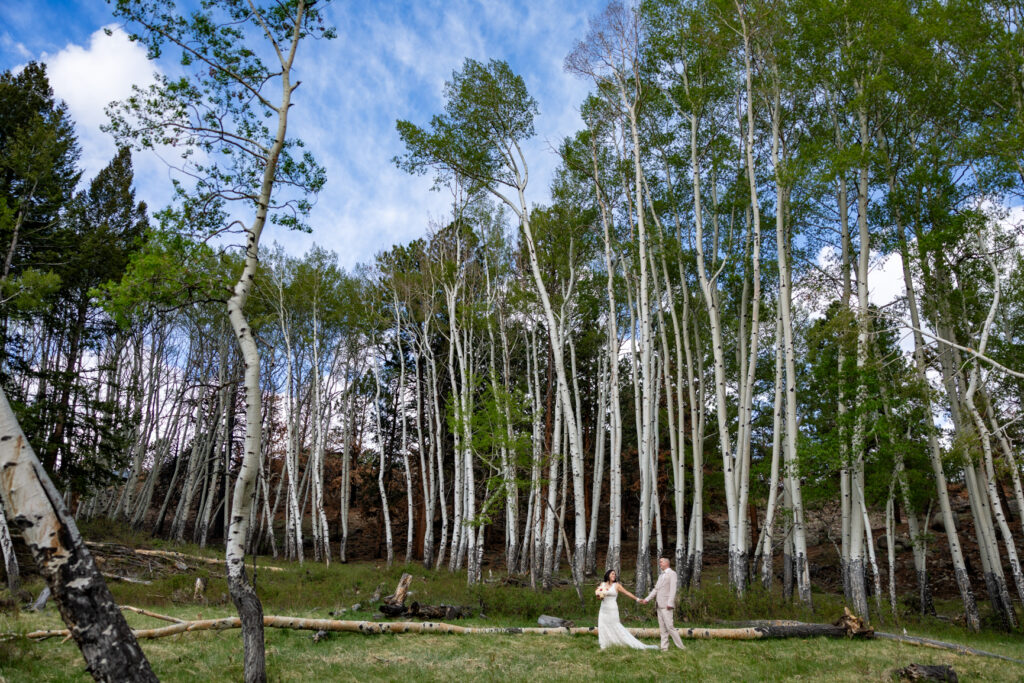 Bride and groom walking beneath aspen trees during their Buena Vista elopement.