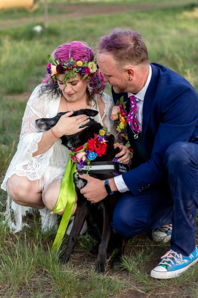 Couple hugs dog during their Colorado elopement.