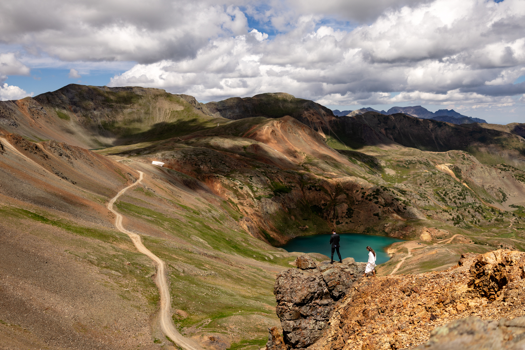 Couple exploring California Pass during an adventurous Colorado elopement